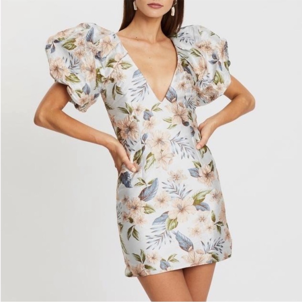 BEC + BRIDGE Blue & Pink Textured Floral Jacquard Plunging V Poofy Sleeve Dress - Picture 6 of 16